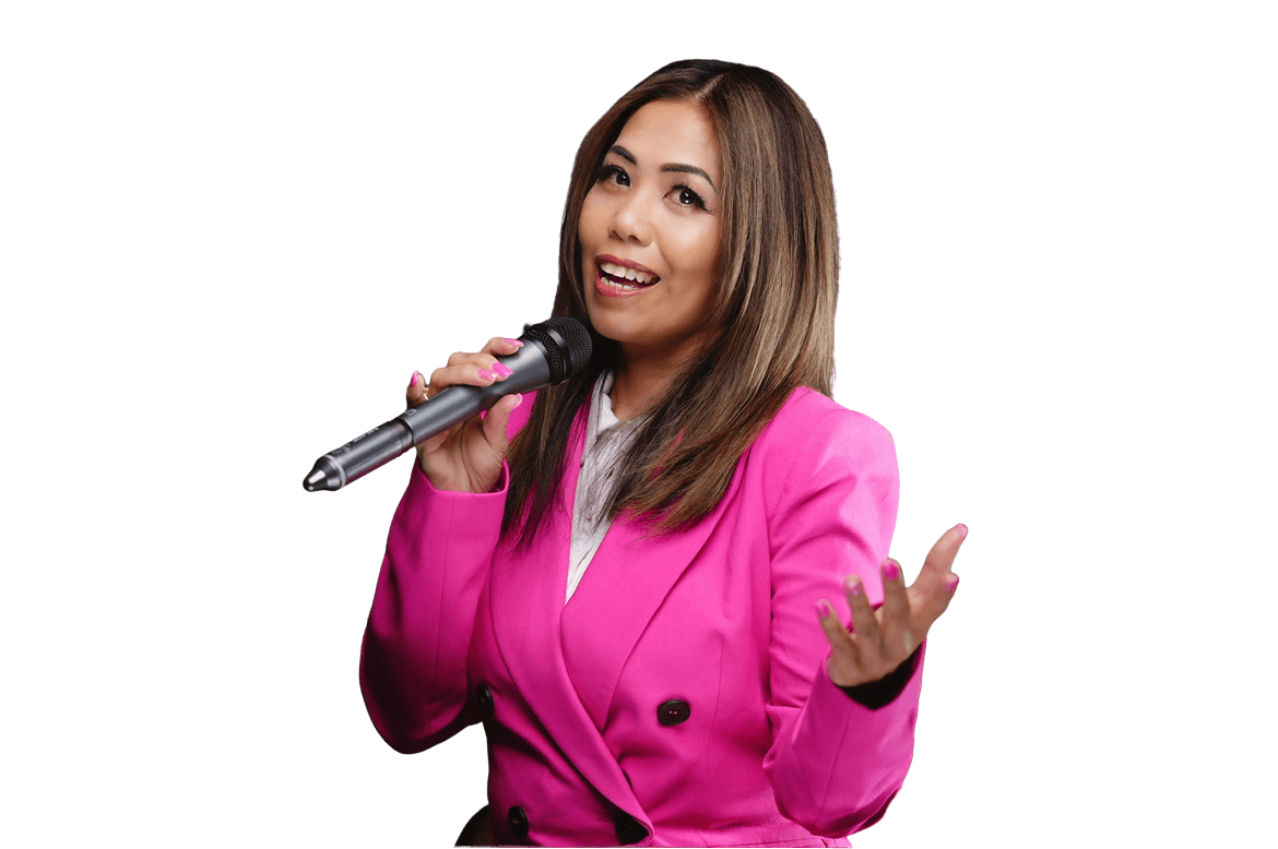Lee Montajes holding a microphone in a professional studio portrait